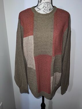 St. Croix Knits Vintage Colorblock Sweater XL Earth Tone Patchwork Crewneck